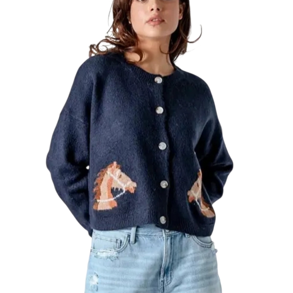 VIGOSS Horse Cardigan Sweater Women L Navy Blue Knit Button Up Cropped NWT